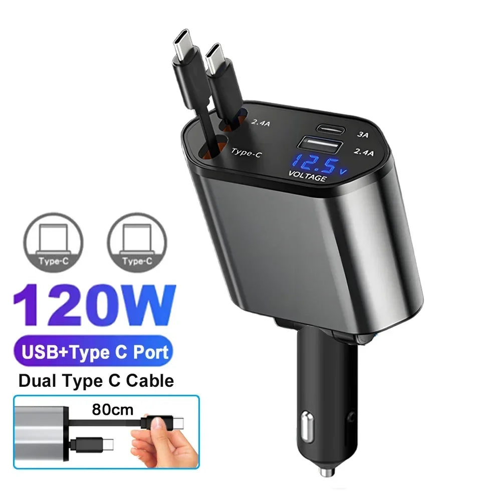 120W Fast Charge Car Charger Adaptor with Retractable Cords