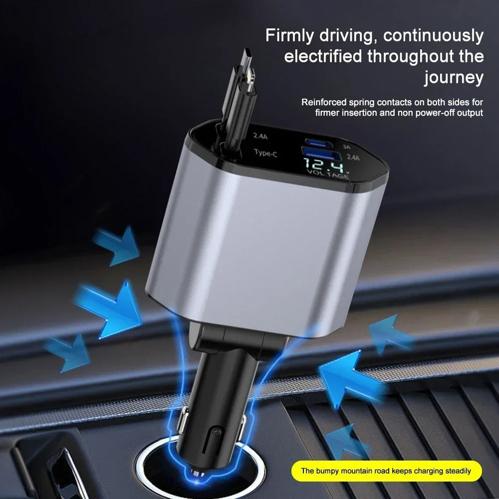 120W Fast Charge Car Charger Adaptor with Retractable Cords