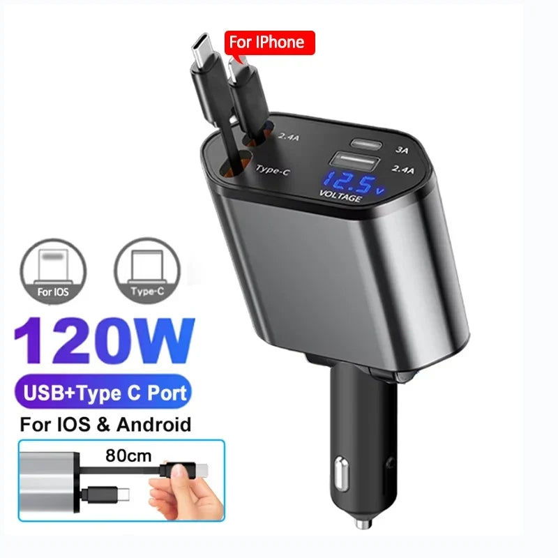 120W Fast Charge Car Charger Adaptor with Retractable Cords