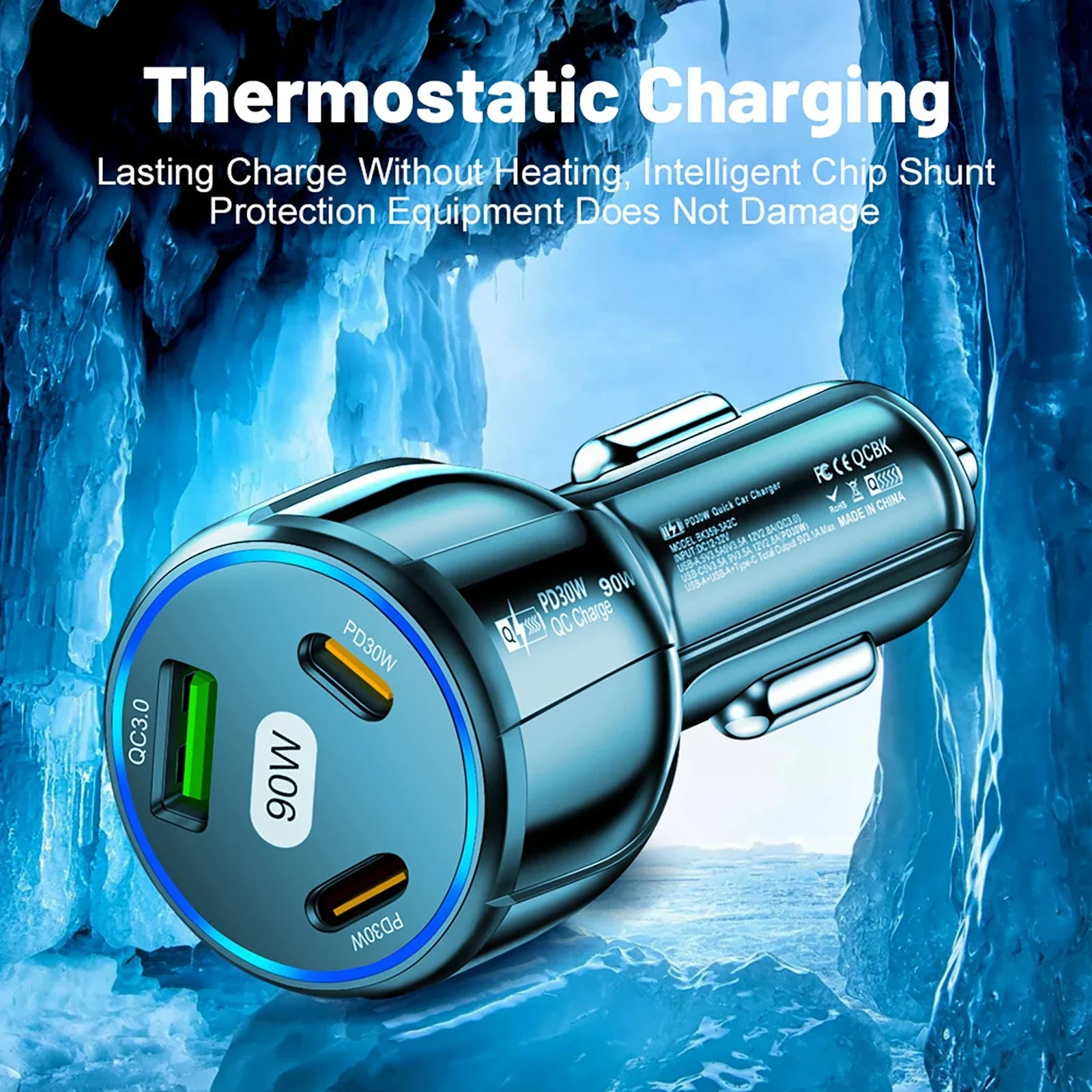 USB Type C Fast Charger 3 Ports Car Adapter Black