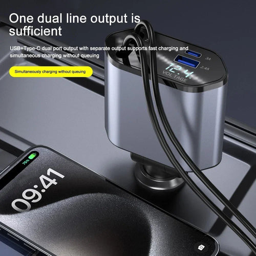 120W Fast Charge Car Charger Adaptor with Retractable Cords