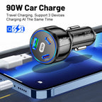 USB Type C Fast Charger 3 Ports Car Adapter Black